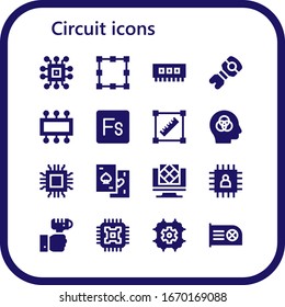 circuit icon set. 16 filled circuit icons. Included Chip, Transformation, Ram, Stem, Cpu, Fuse, Transform, Intelligence, Microchip, Chips, Artificial intelligence, Technology icons
