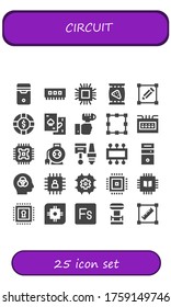 circuit icon set. 25 filled circuit icons. Included Cpu, Ram, Microchip, Chips, Transform, Chip, Technology, Transformation, Fuse box, Wire, Components, Intelligence, Fuse icons