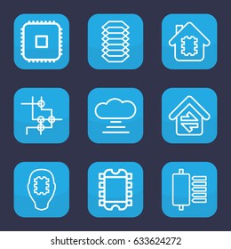 Circuit icon. set of 9 outline circuit icons such as home connection, electric circuit, cpu, cpu in house, cpu in head, cloud connection