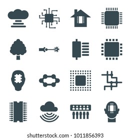 Circuit icons. set of 16 editable filled circuit icons such as cpu in head, cpu, cloud connection, spu, chip