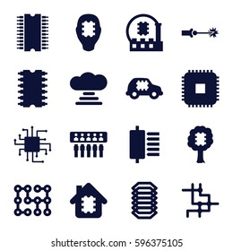 circuit icons set. Set of 16 circuit filled icons such as electric circuit, CPU, CPU in house, CPU in car, cloud connection