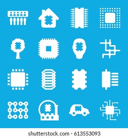 Circuit icons set. set of 16 circuit filled icons such as chip, electric circuit, CPU, CPU in house, CPU in car
