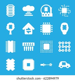 Circuit icons set. set of 16 circuit filled icons such as home connection, chip, electric circuit, CPU, CPU in car, CPU in tree, CPU in head, cloud connection
