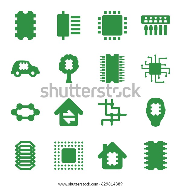 Circuit icons\
set. set of 16 circuit filled icons such as home connection, cpu,\
chip, electric circuit, cpu in\
house