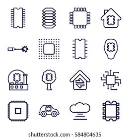circuit icons set. Set of 16 circuit outline icons such as home connection, chip, electric circuit, CPU, CPU in house, CPU in car