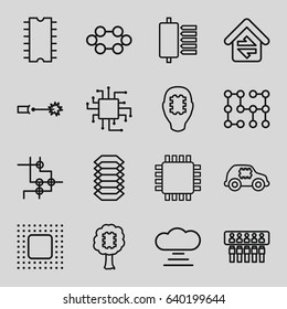 Circuit icons set. set of 16 circuit outline icons such as home connection, cpu, chip, electric circuit, cpu in car, cloud connection