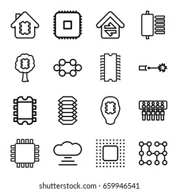 Circuit icons set. set of 16 circuit outline icons such as home connection, chip, electric circuit, cpu, cpu, cloud connection