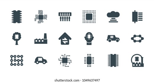 Circuit icons. set of 18 editable filled circuit icons: cpu in car, cpu in tree, cloud connection, spu, home connection, chip