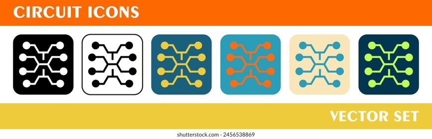 Circuit icons set. 6 style icons with various colors. For sign, symbol, web design or web graphics. 