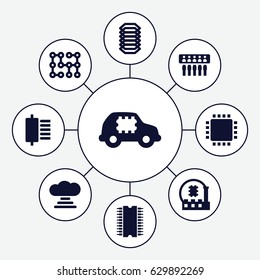 Circuit icons set. set of 9 circuit filled icons such as cpu, electric circuit, cpu in car, cpu, cloud connection