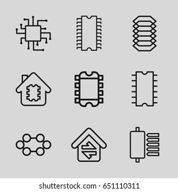 Circuit icons set. set of 9 circuit outline icons such as home connection, cpu, electric circuit, cpu in house, cpu