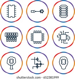 Circuit icons set. set of 9 circuit outline icons such as cpu, electric circuit, cpu in tree