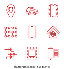 Circuit icons set. set of 9 circuit outline icons such as home connection, cpu, chip, electric circuit, cpu in car, cpu in head