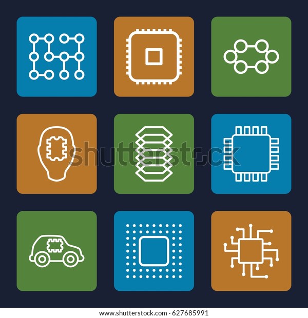 Circuit icons set. set of 9
circuit outline icons such as chip, electric circuit, CPU, CPU in
car