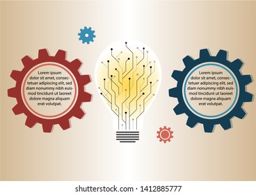 Circuit light Bulb silhouette with explain 2 gears on the gradient tone background, infographic design template