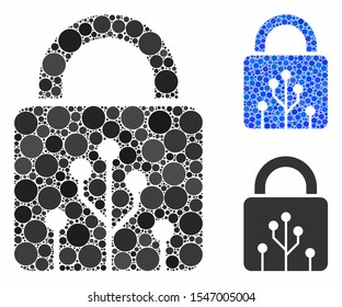 Circuit lock mosaic of small circles in various sizes and color tinges, based on circuit lock icon. Vector small circles are grouped into blue illustration.