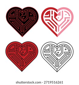 Conjunto de iconos de Vector de corazón de laberinto de circuito, diseño de amor Abstractas