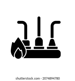 Circuit overload black glyph icon. Excessive electricity usage. Supplying power to several outlets. Burning odor and flame. Silhouette symbol on white space. Vector isolated illustration