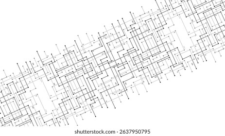 circuit path lines in rotated view in transparent background with black connecting dots template