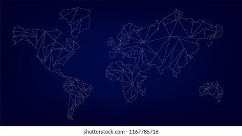 Circuit polygonal map of the world on the dark blue background made of white same size dots