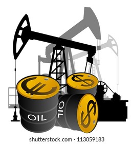 Circuit pump and barrels of petroleum with petroleum products. Illustration on the production and sale of natural resources. Illustration on white background.