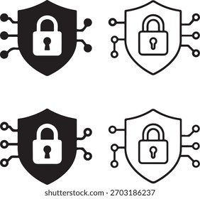 Conjunto de iconos de bloqueo de escudo de circuito, iconos de bloqueo de escudo de tecnología, diseño de seguridad cibernética, contorno de bloqueo inteligente, símbolo de protección digital, cerradura llena mínima, Vector seguro de carrera delgada, icono de conjunto aislado