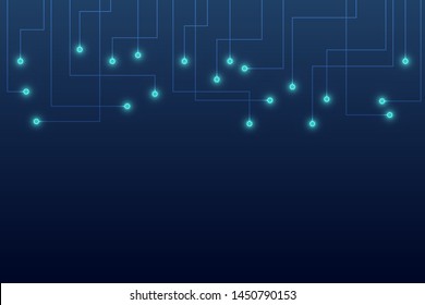 Circuit square light line on dark blue background, horizontal pattern, copy space composition, digital data network concept.
