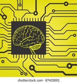circuit style with brain model in black and yellow color. vector background