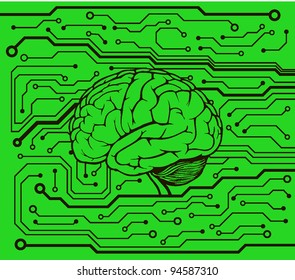 circuit style with brain model. vector background