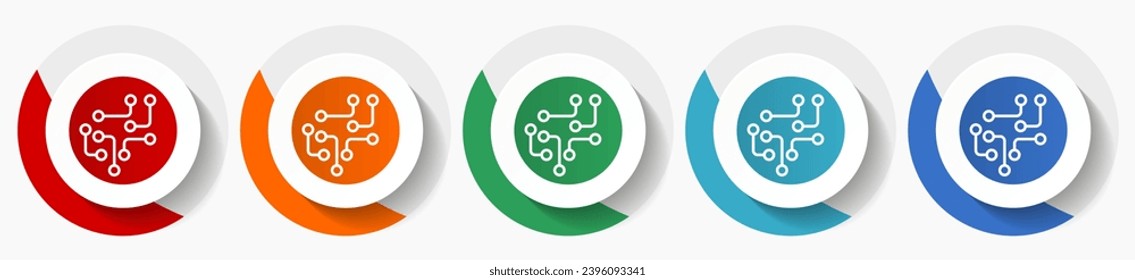 Circuit, technology, chip, processor vector icon set, flat icons in 5 color options for logo design, webdesign and mobile applications, colorful round buttons