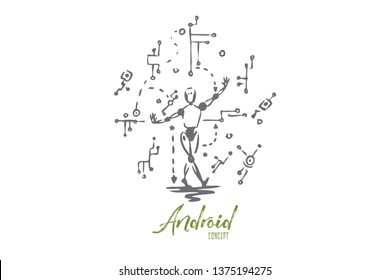 Circuit, technology, robot, data, android concept. Hand drawn android robot and circuit concept sketch. Isolated vector illustration.