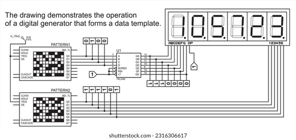 Computergestützte Stromkreisprüfung
Design-System für elektronische Geräte.
Vektorgrafik veranschaulicht den Betrieb eines digitalen Generators, der ein Data templatenSchematic-Diagramm mit Decoder, Display bildet