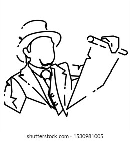 Circuit. Thick lines with gaps. The English gentleman solemnly in a hat reads the text from a parcel.