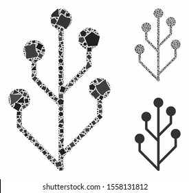 Circuit tree composition of raggy pieces in different sizes and color hues, based on circuit tree icon. Vector raggy elements are organized into composition.