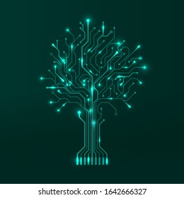 Circuit tree on green background. Modern hardware design. Science and technology concept. Computer motherboard system. Vector