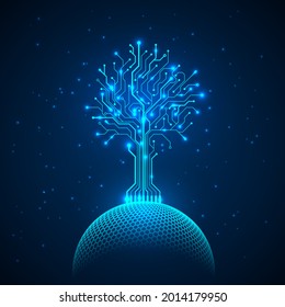 Circuit tree on network sphere. Abstract futuristic hologram sci fi background. Vector illustration