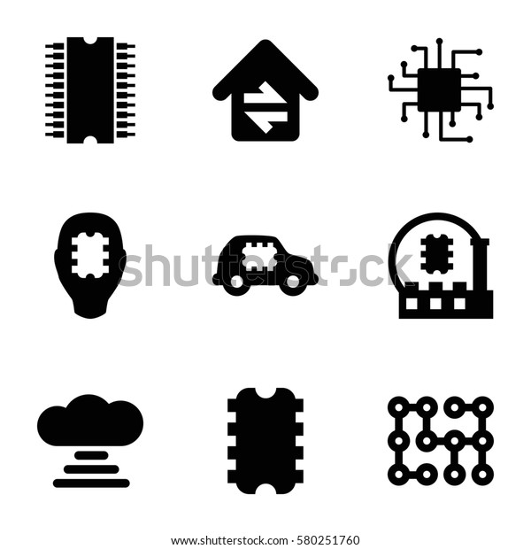 circuit vector icons. Set of 9 circuit filled icons\
such as home connection, electric circuit, CPU in car, CPU, CPU in\
head