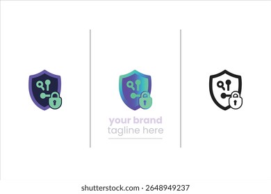 Circuit-integrated shield and lock icon in 3 variations. Represents secure network, encryption, IT infrastructure safety. Ideal for cyber visuals.