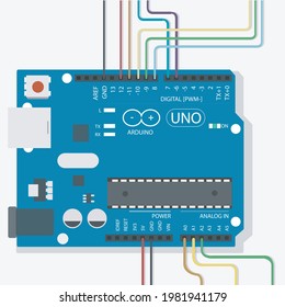 Circuits of Arduino's Analog and Digital Input and Output data by colorful wire equipment and software connect to create system  isolated on white background Illustration EPS10