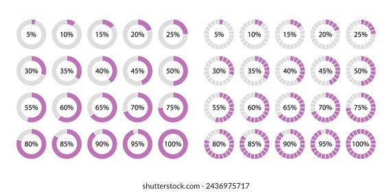 Circular 100 percent pie chart. Pink circle filling template. Round section graph. Schemes with sectors. Diagram structure divided into pieces. Piechart with segments and slices. Vector illustration