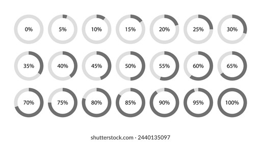 Circular 100 percent pie chart. Grey ring filling template. Circle section graph. Round piechart. Diagram structure divided into parts. Schemes with sectors. Vector illustration