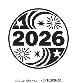 Circular 2026 new year emblem, decorative stars, fireworks bursts, festive design, holiday symbol
