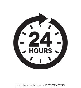 Circular 24 hour service icon with arrow and clock face indicating continuous availability representing round the clock support and uninterrupted operations modern graphic symbol