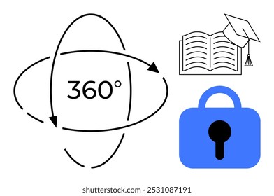 Setas circulares de 360 graus ao lado de um livro aberto com uma tampa de graduação ao lado de um cadeado azul. Ideal para educação, segurança, aprendizado on-line, proteção de dados e acesso abrangente