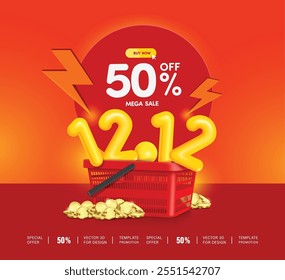 circular 3D 50% Off discount sign and the number 12.12 in yellow placed in red shopping basket with a thunder bolt striking down for designed for promotional advertisement campaign mega sale