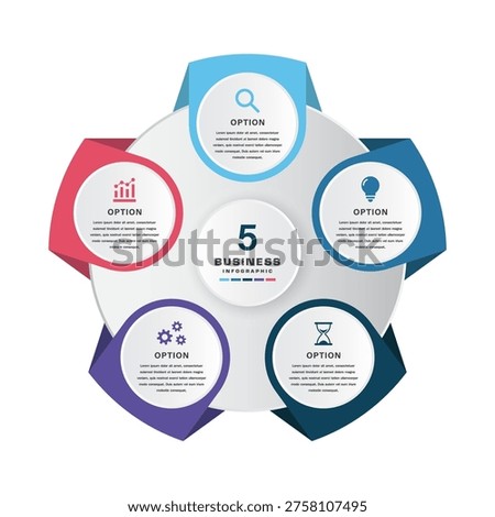Circular 5 Step Venn diagram infographic chart template for Business with Icons for Analysis, Ideas, Time Management, Process, and Performance