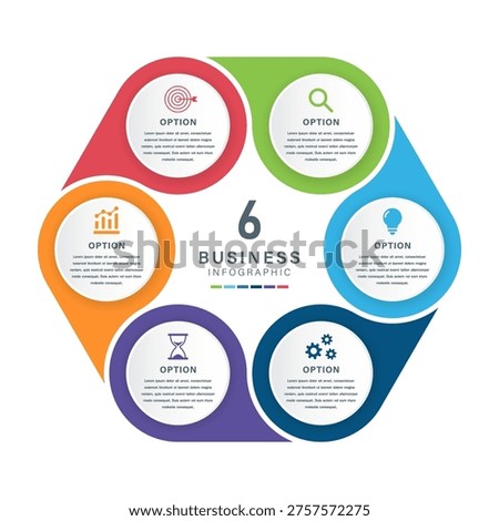 Circular 6 Segment Business Infographic with Icons and Color Coded Options for Process, Strategy, and Presentation Design