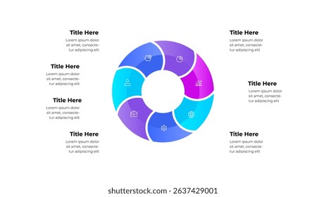 Circular 7 step infographic design with vibrant colors and modern icons, ideal for business presentations, strategy planning, and data visualization. Includes labeled segments with place for text