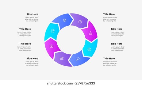 A circular 8 steps arrows infographic with a color gradient featuring placeholders for text, icons, and titles, ideal for data presentation and business applications