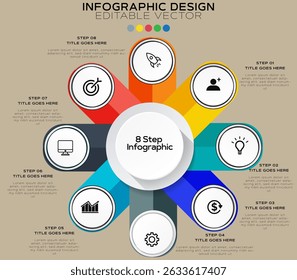  Circular 8-Step Infographic Design with Radial Layout, Multicolored Segments, White Icon Circles